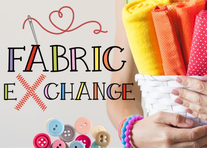 Photo of the words "Fabric Exchange" and a woman holding a basket of different fabric rolls.